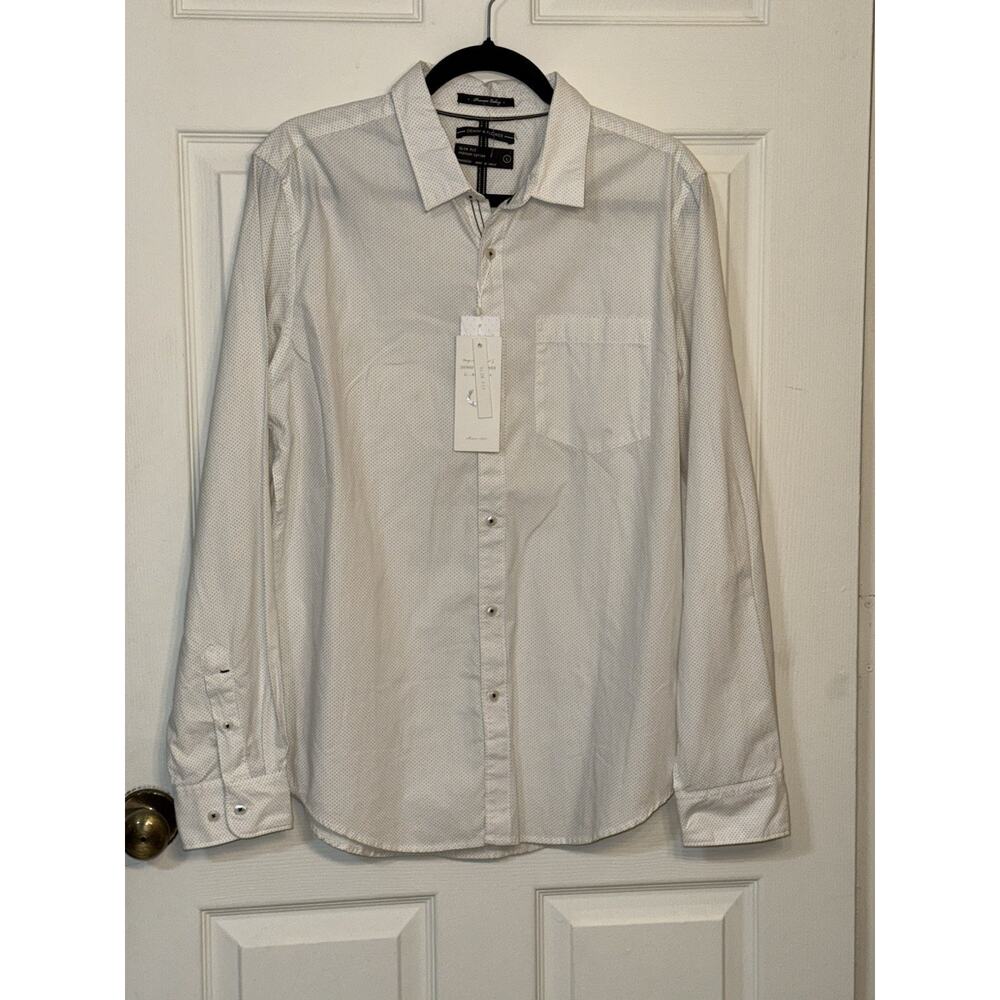 NWT Denim Flower Shirt Men's Large Button Down Slim Fit White Blue‎ Polka Dot